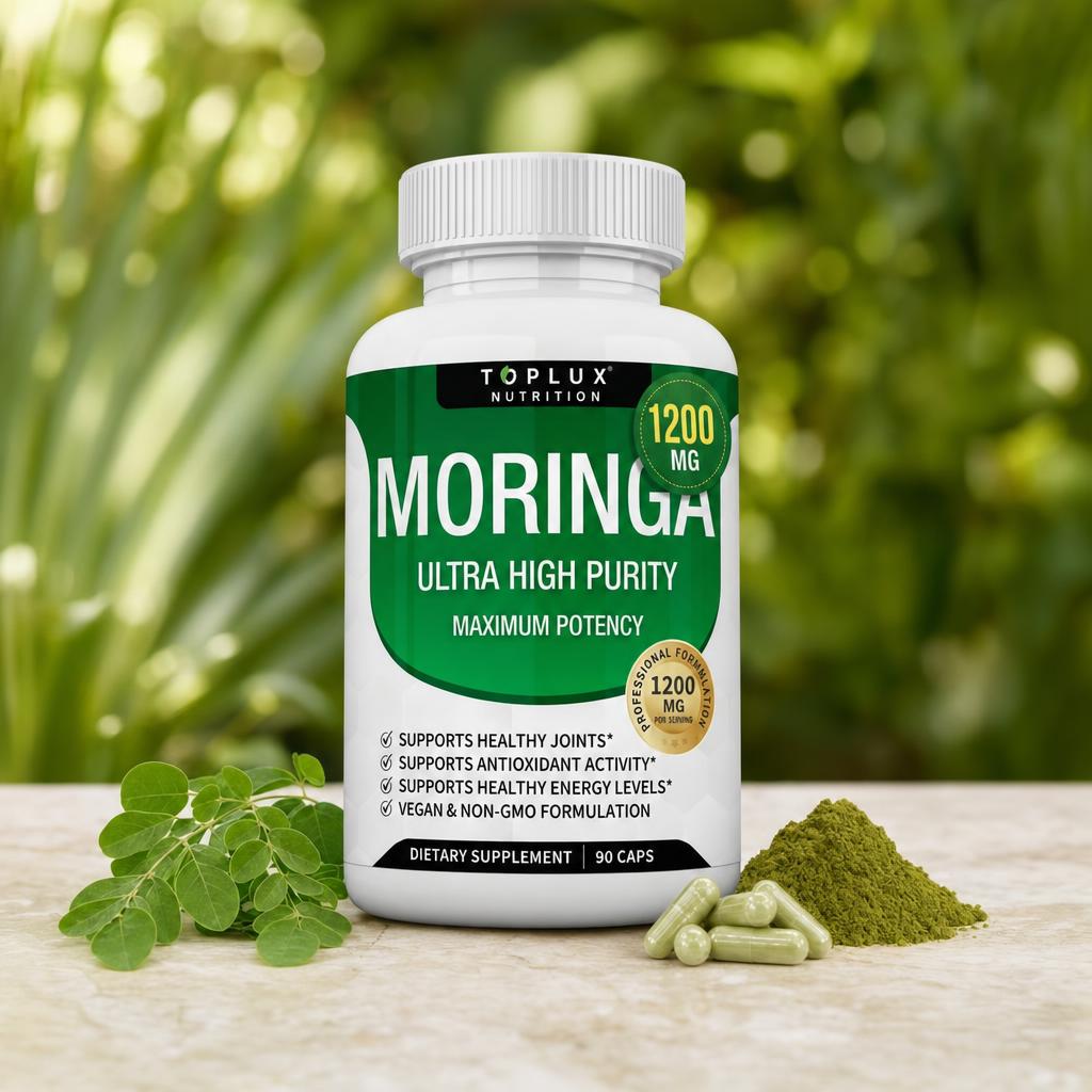 Toplux Nutrition Moringa 1200mg - frasco con hojas frescas
