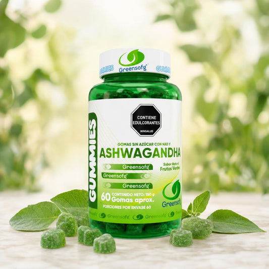 Gomas de Ashwagandha Greensofg - frasco con gomas y hojas