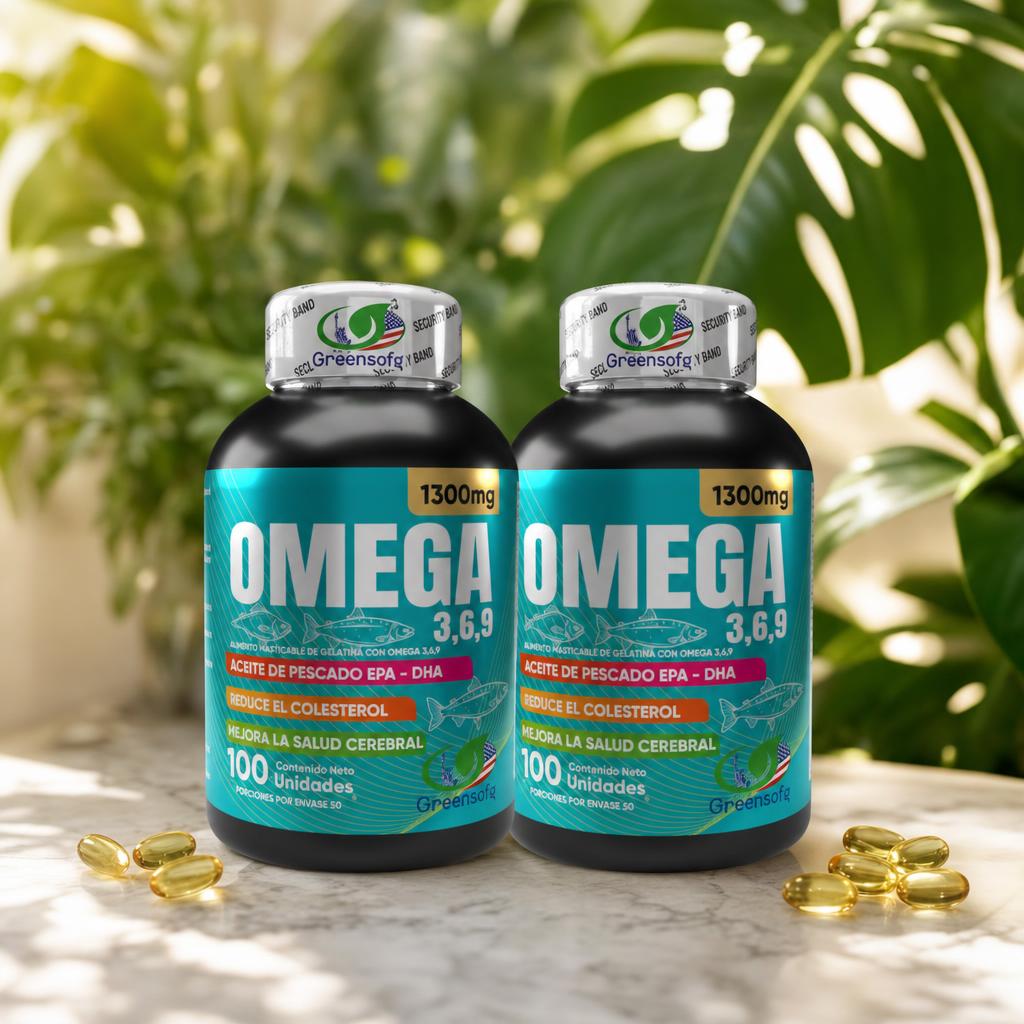 Omega 3-6-9 Greensofg 1300mg - dos frascos con capsulas