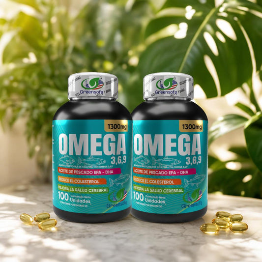 Omega 3-6-9 Greensofg 1300mg - dos frascos con capsulas
