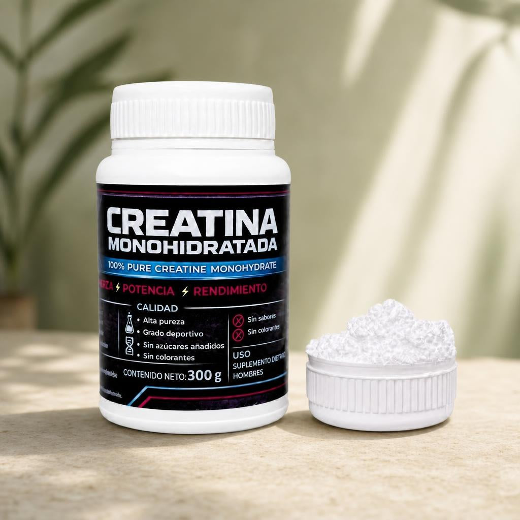 Creatina Monohidratada 300g - frasco abierto con dosificador