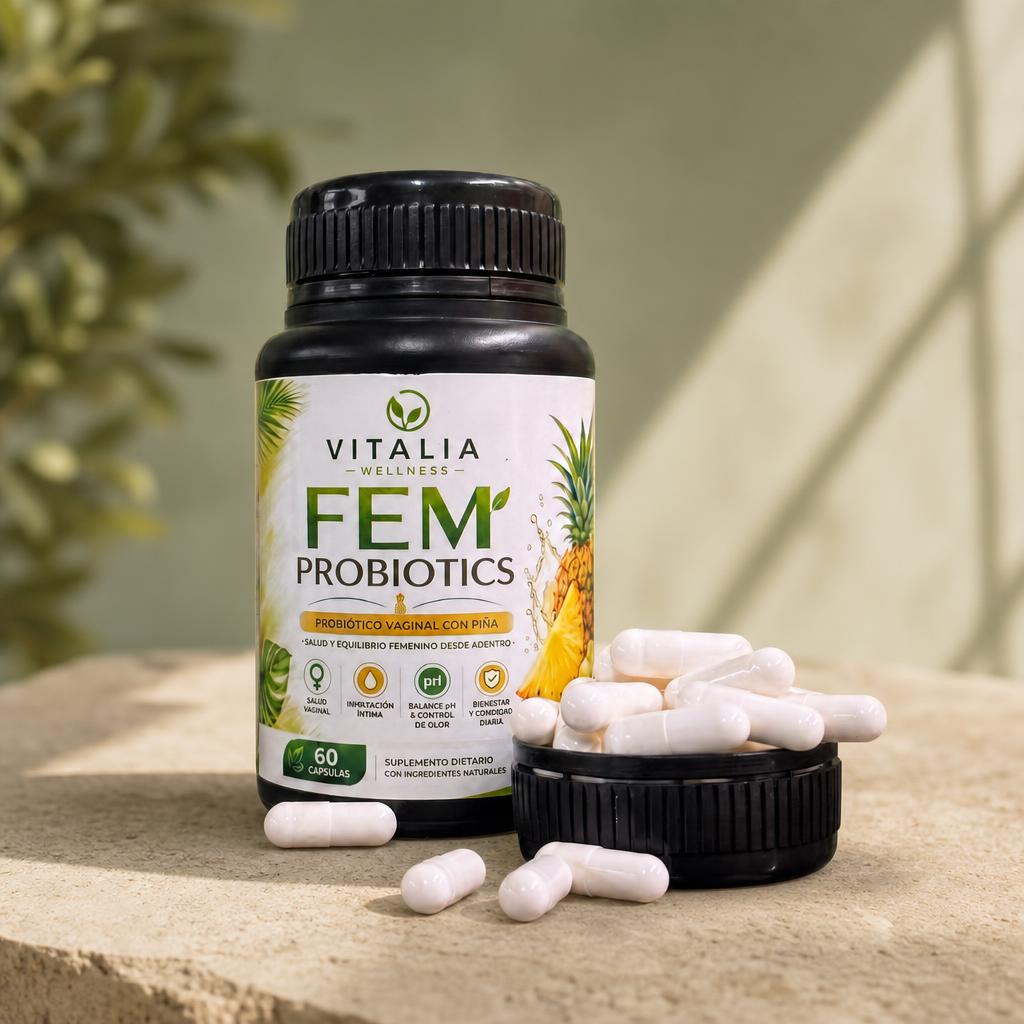 Fem Probiotics con Pina - frasco abierto con capsulas