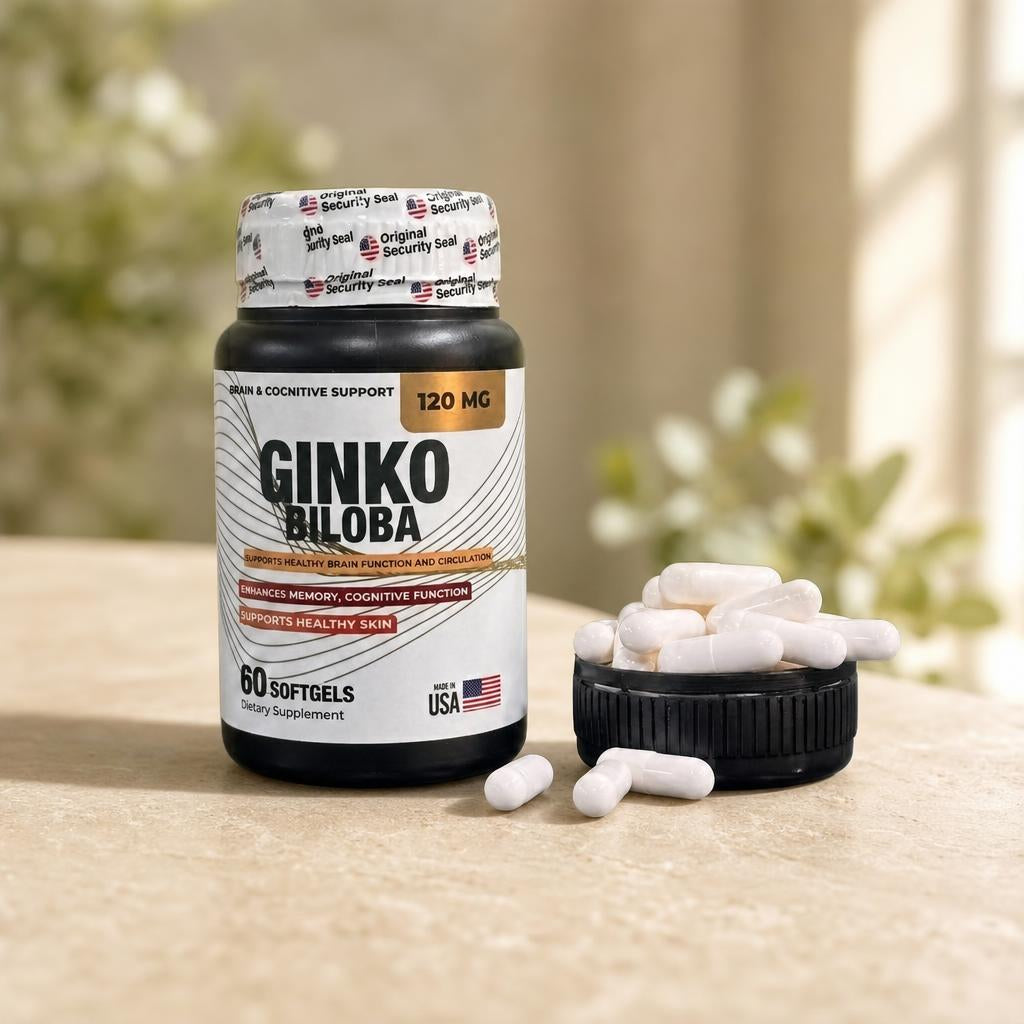 Ginkgo Biloba 120mg - frasco abierto con capsulas