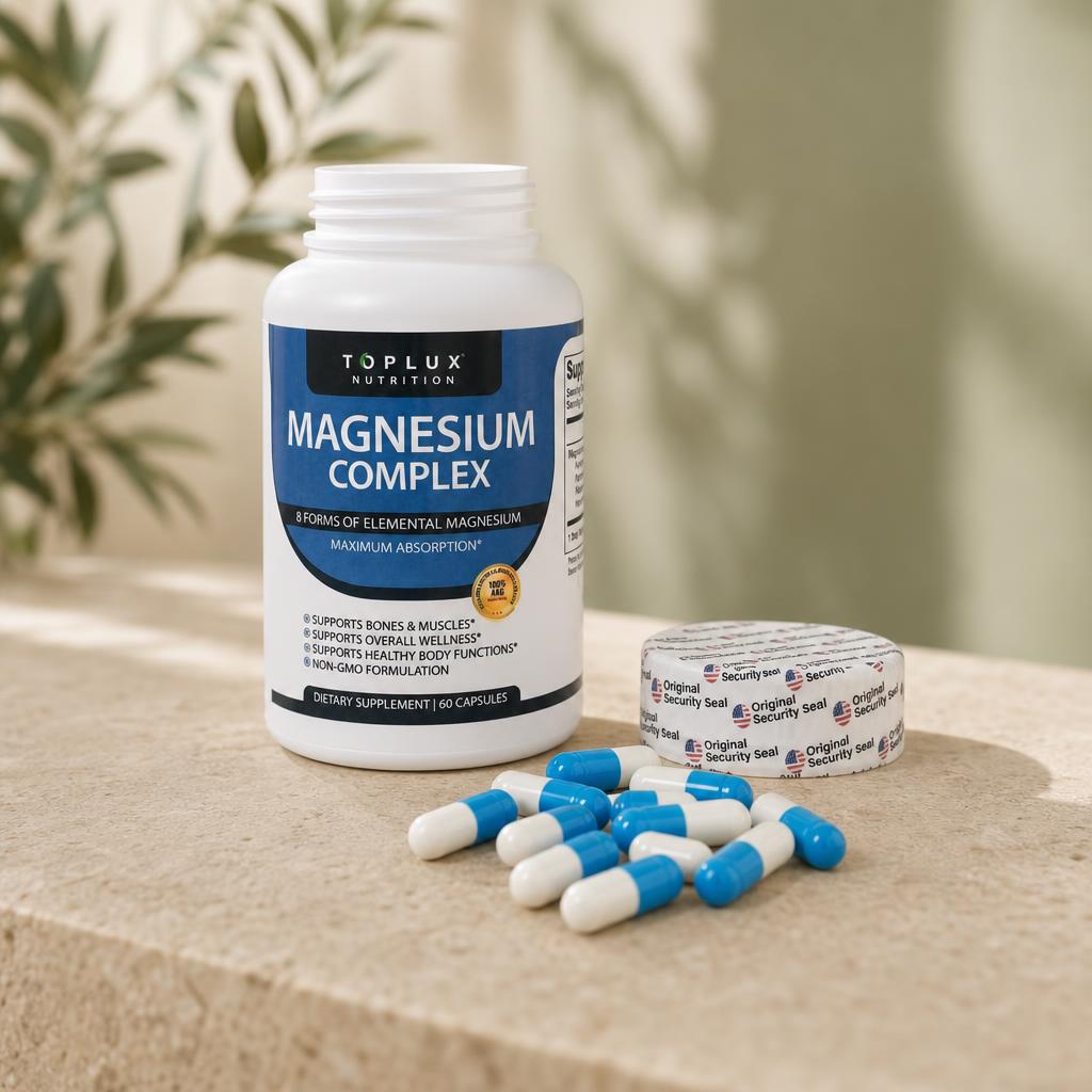 Magnesio Complex 8 en 1 - frasco abierto con capsulas