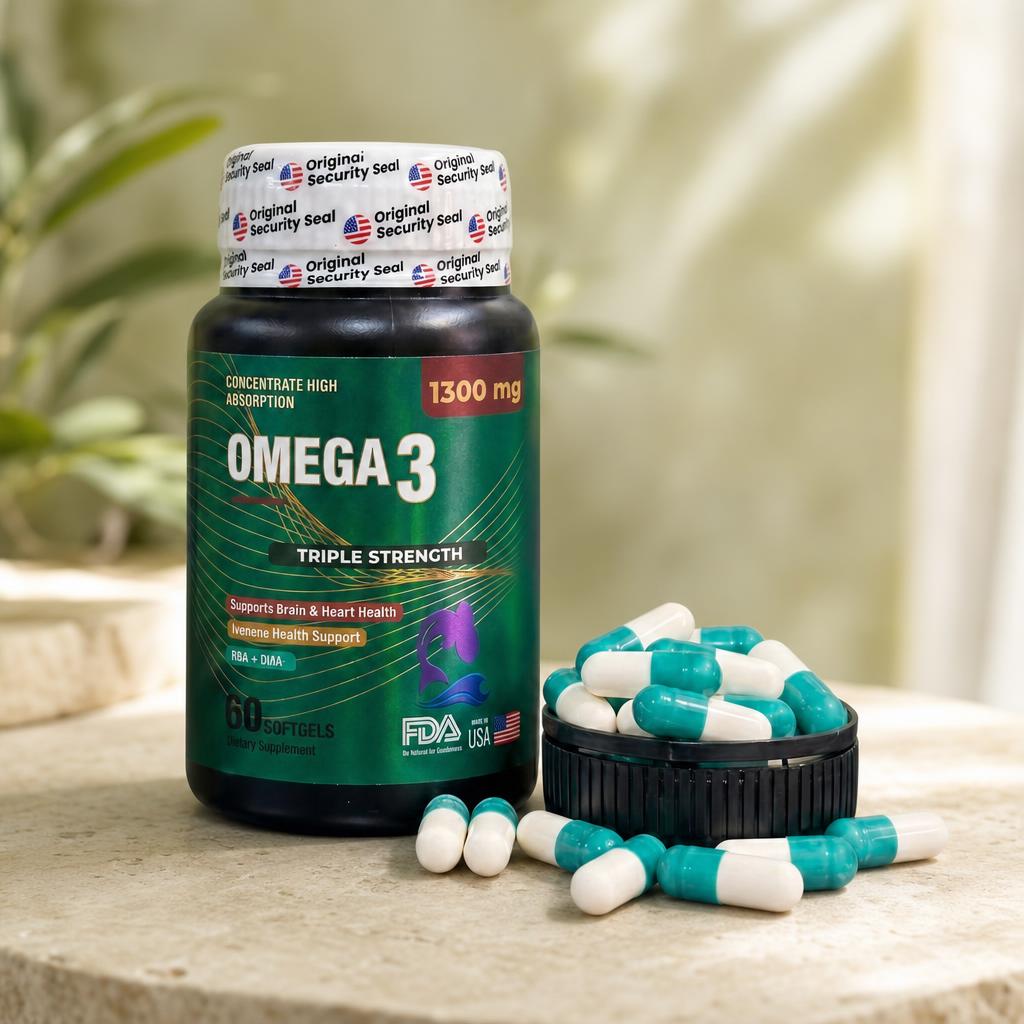 Omega 3 Triple Strength 1300mg - frasco abierto con capsulas